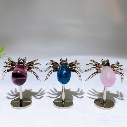 Natural Fluorite Blue Apatite Spider Carving with Fixed Metal Display Stand Wholesale