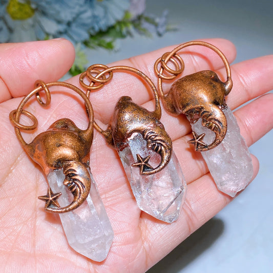 Clear Quartz Pendant with Metal Moo Face Decor Crystal Healing Bulk Wholesale