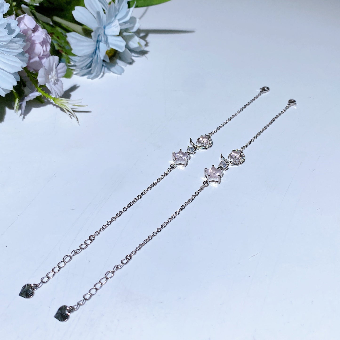 Cooper Silver Plated Rose Quartz Moon & Star Bracelet Crystal Healing Bulk Wholesale