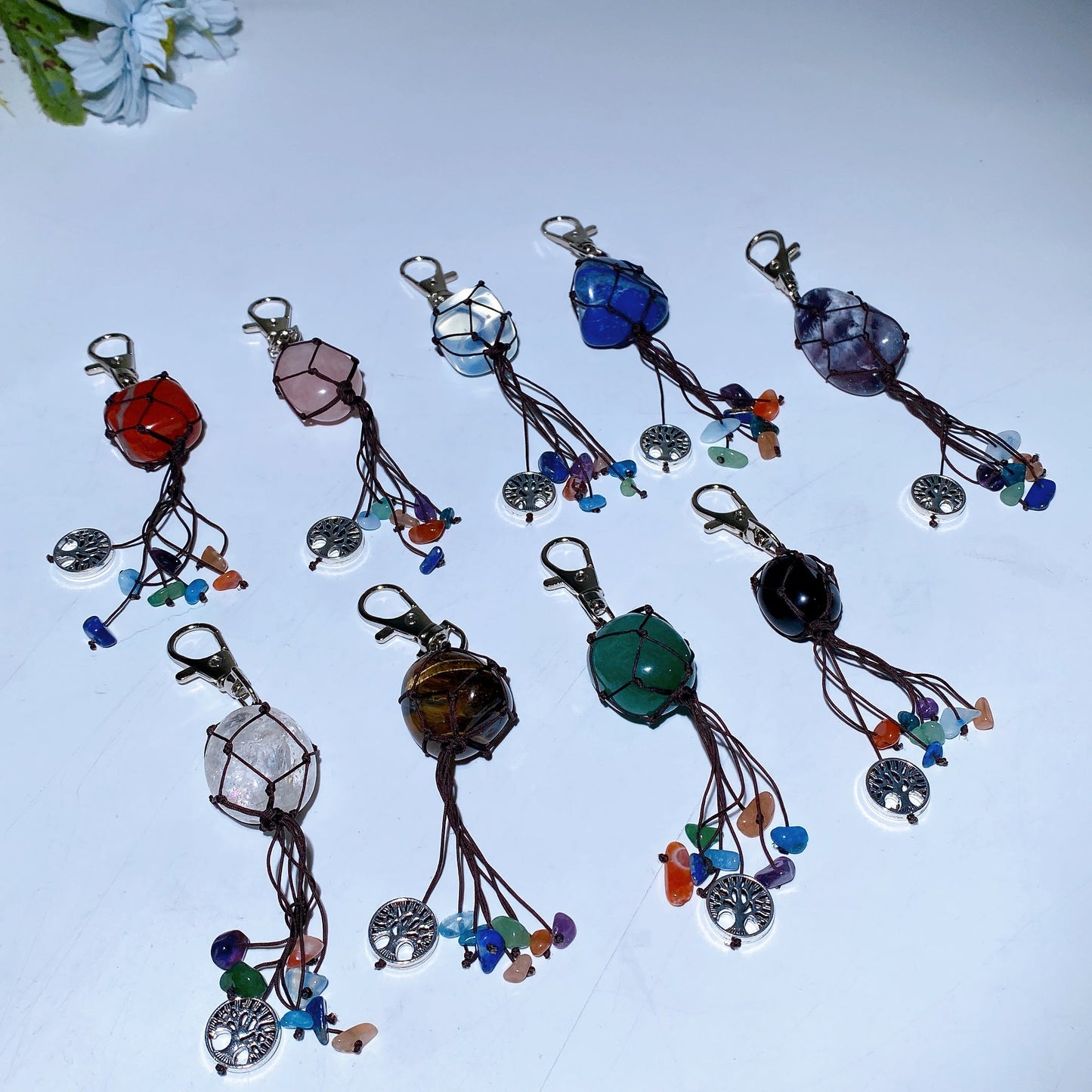 Crystal Key Chain with Chakra Chips Tassel & Metal Life Tree Decor Crystal Healing Bulk Wholesale