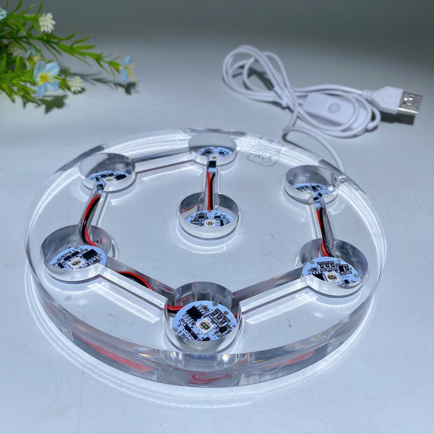 15-20cm Resin Transparent Round Plate Lamp Stand with USB Crystal Healing Bulk Wholesale