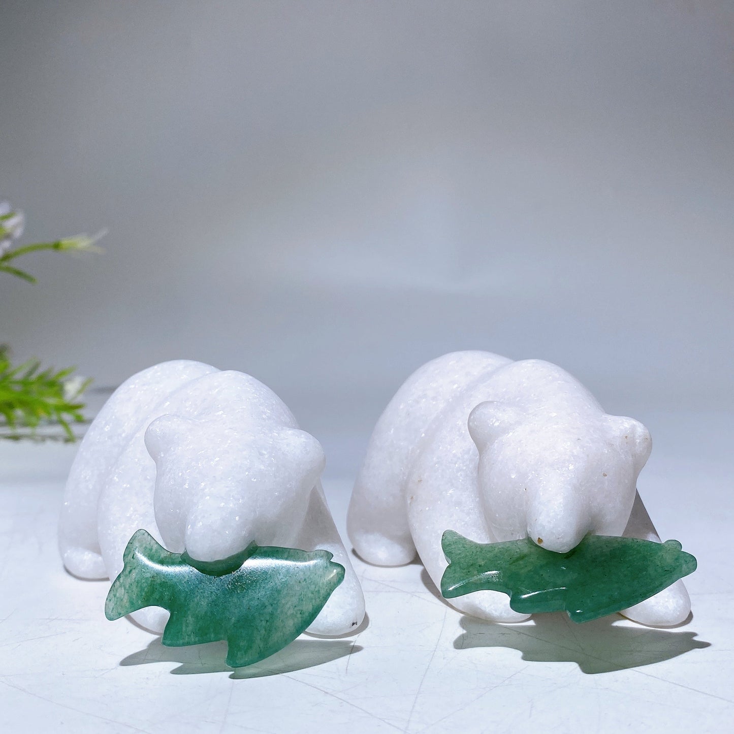 3.2" White Jade Bear with Aventurine Fish Carving Crystal Healing Bulk Wholesale