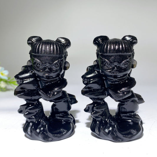 3.1" Black Obsidian Nezha Carving Crystal Healing Bulk Wholesale