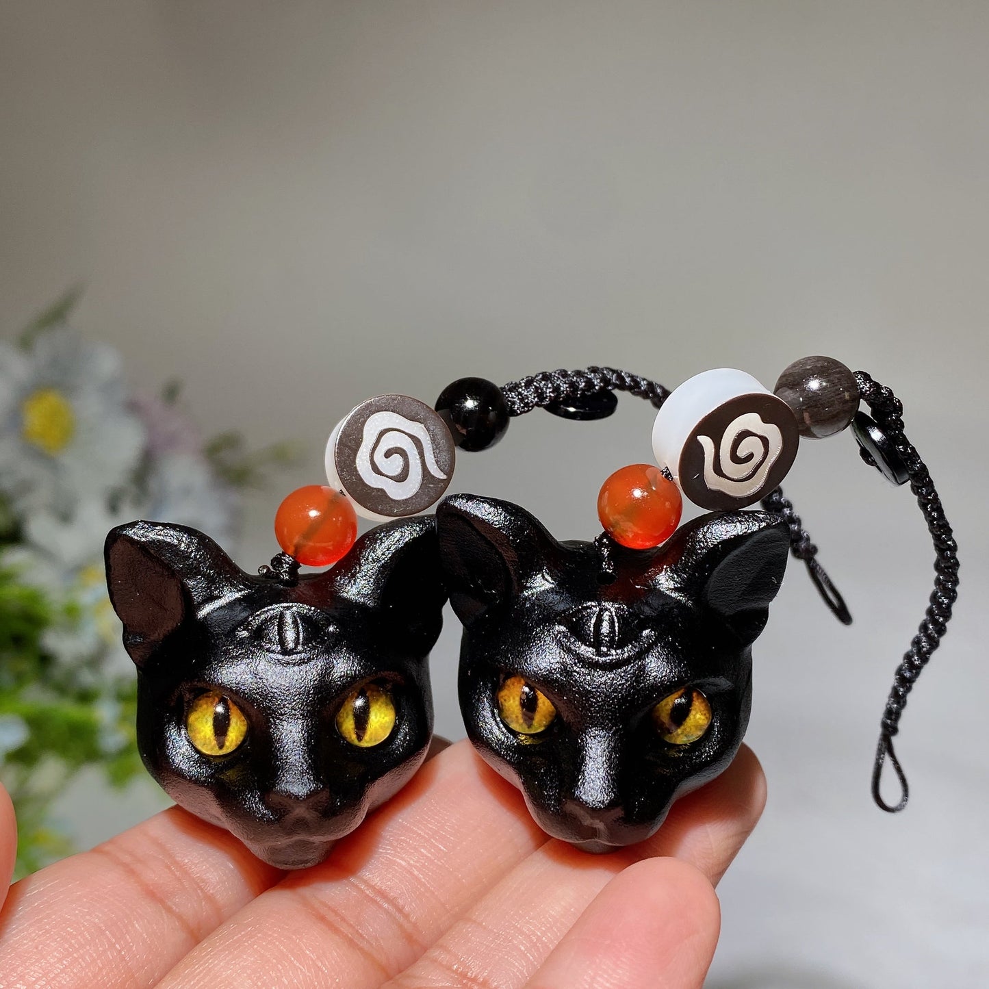 11cm Black Obsidian Cat Head Carving Key Chain Bag Hanging Crystal Healing Bulk Wholesale