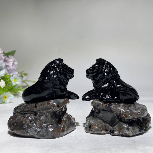 2.7" Black Obsidian Lion on Yooperlite Carving Crystal Healing Bulk Wholesale