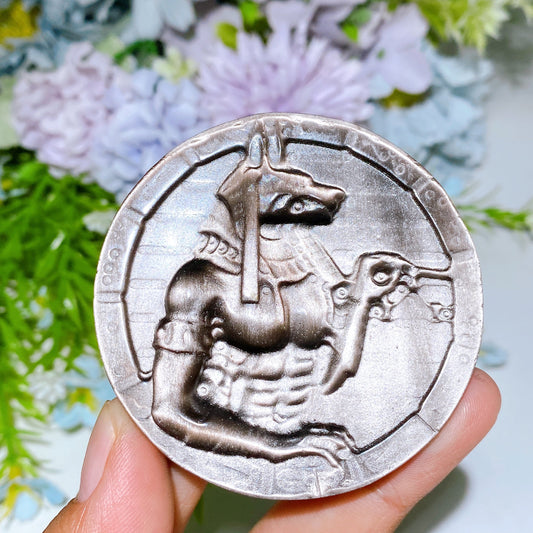 2.4" Silver Obsidian Anubis Round Slab Carving Crystal Healing Bulk Wholesale