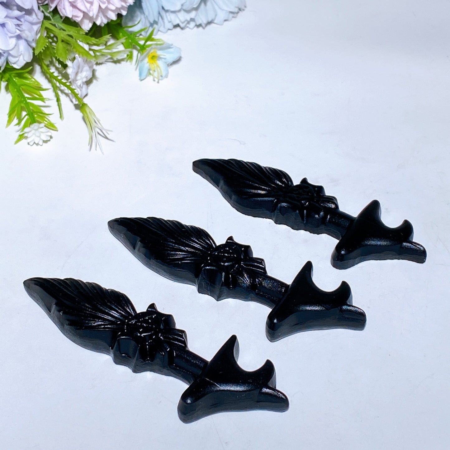 3.9“ Black Obsidian Broom Carving Crystal Healing Bulk Wholesale