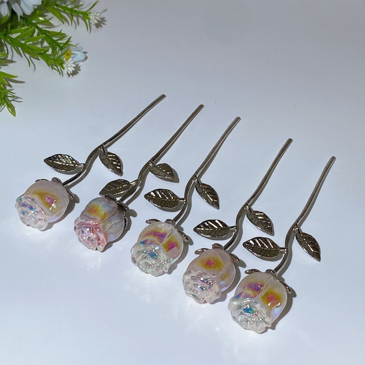 Crystal Flower Carving with Silver Color Metal Stem Crystal Healing Bulk Wholesale