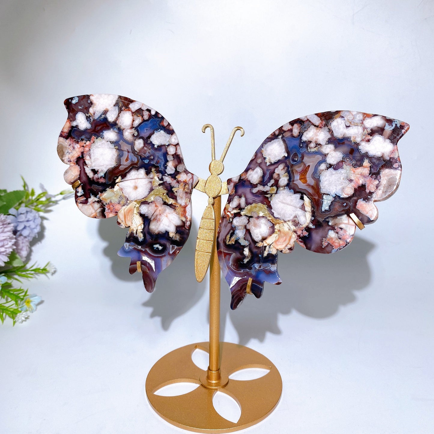 19cm Large Unique Blue Purple Flower Agate Butterfly Wings with Stand Crystal Healing Bulk Wholesale