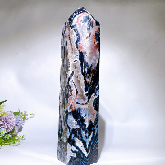 32cm Large Unique Druzy Black Banded Agate In Quartz Tower Crystal Healing Bulk Wholesale