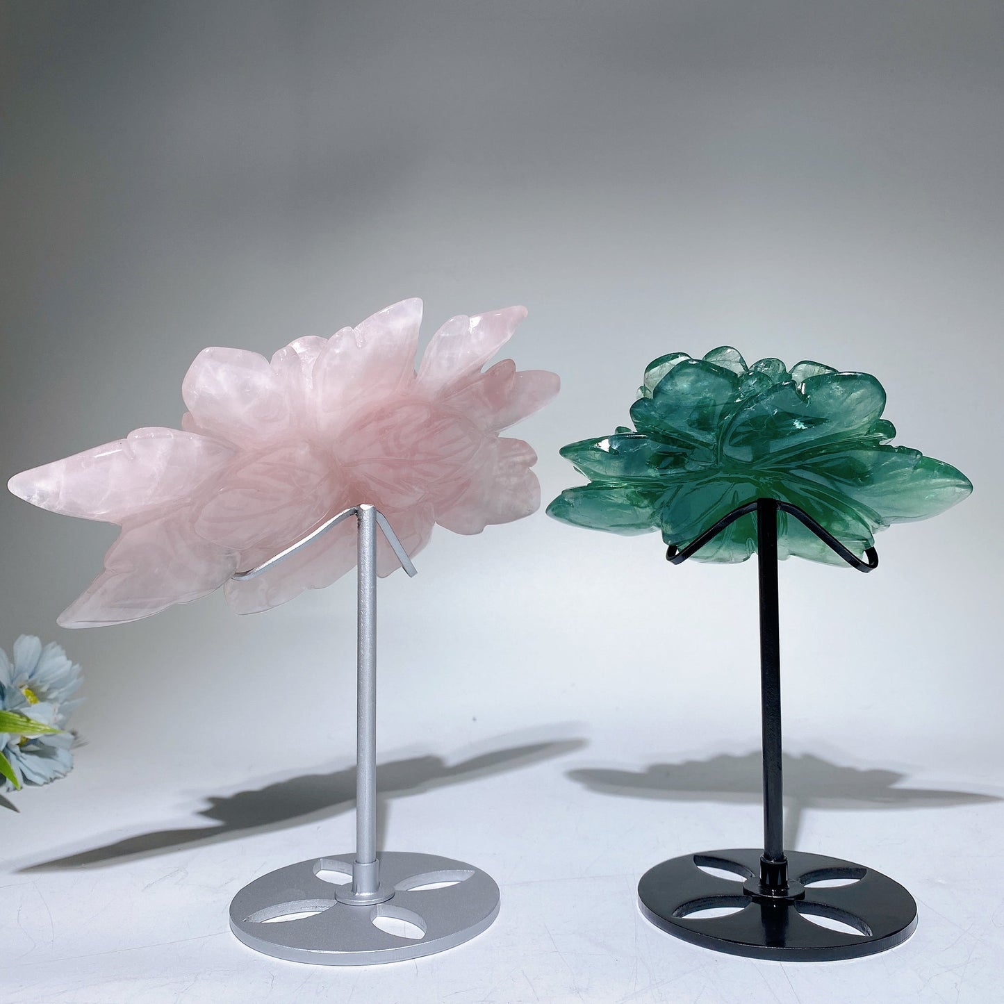 Rose Quartz Fluorite Peony Carving with Stand Crystal Healing Set Bulk Wholesale