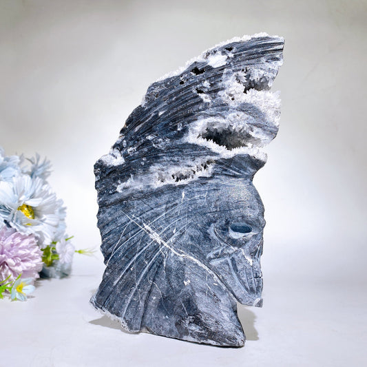 18cm Large Unique Sphelarite Grow with UV Reactive Calcite Skull Carving Crystal Healing Bulk Wholesale