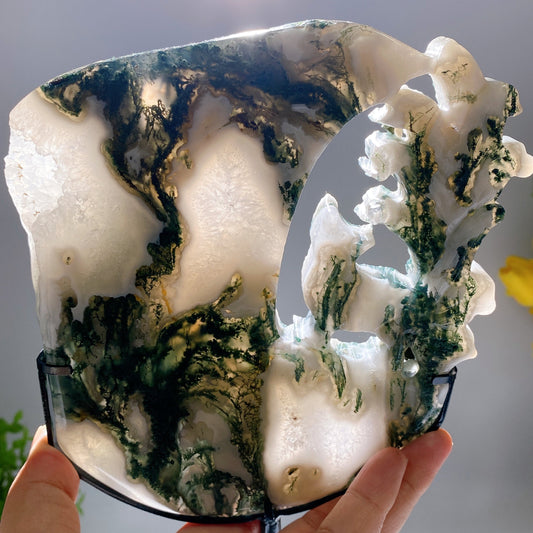 Moss Agate Nine-tails Fox with Moon Carving Crystal Healing Bulk Wholesale