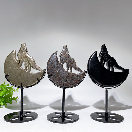 Crystal Wolf on Moon Carving with Stand Free Form Crystal Healing Bulk Wholesale