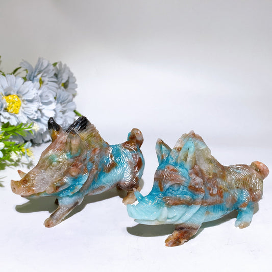 Caribbean Calcite Sky Blue Wild Boar Family Carving Crystal Healing Bulk Wholesale
