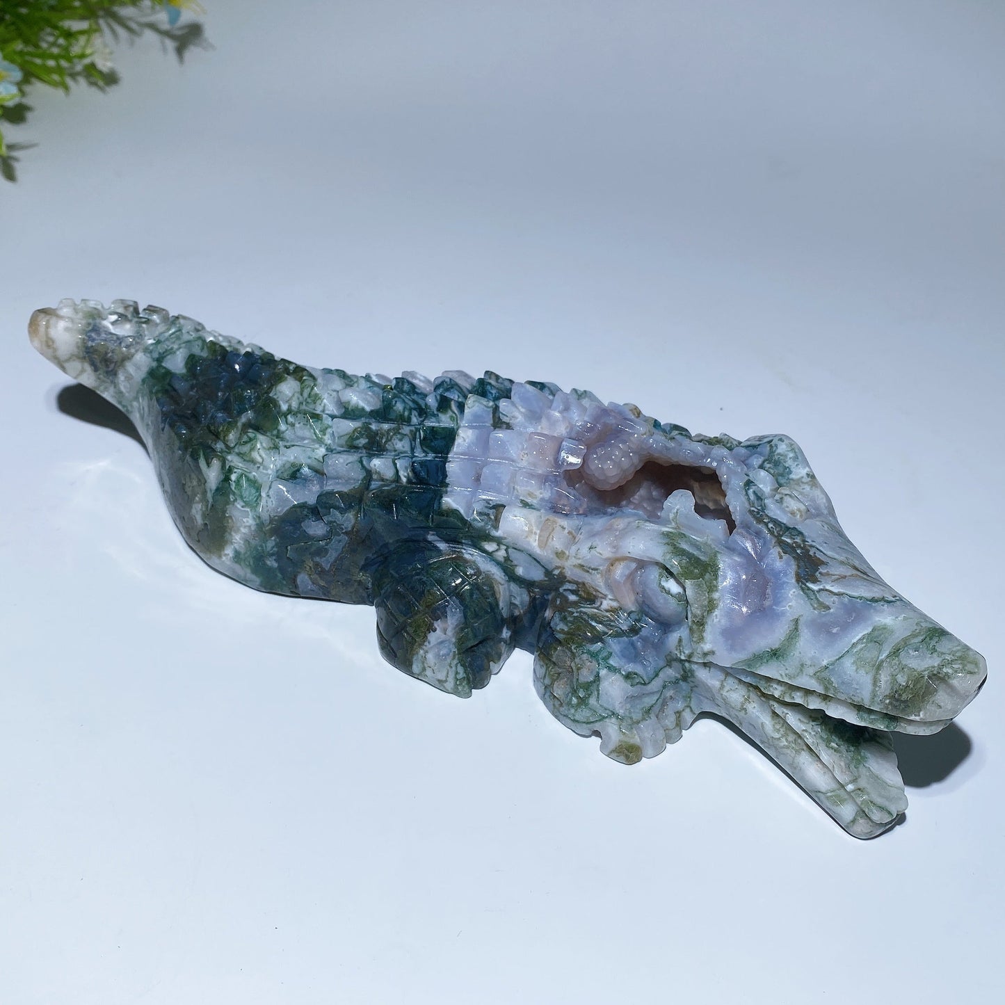 22cm Unique Moss Agate Crocodile Carving Crystal Healing Bulk Wholesale