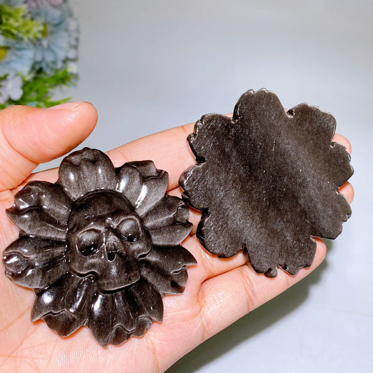 2.6" Silver Obsidian Skull Flower Carving Crystal Healing Bulk Wholesale