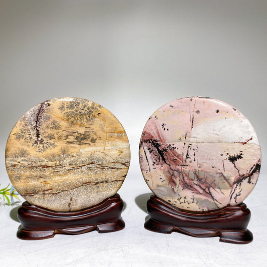 3.7" Picture Jasper Round Slab with Wooden Stand Crystal Healing Bulk Wholesale