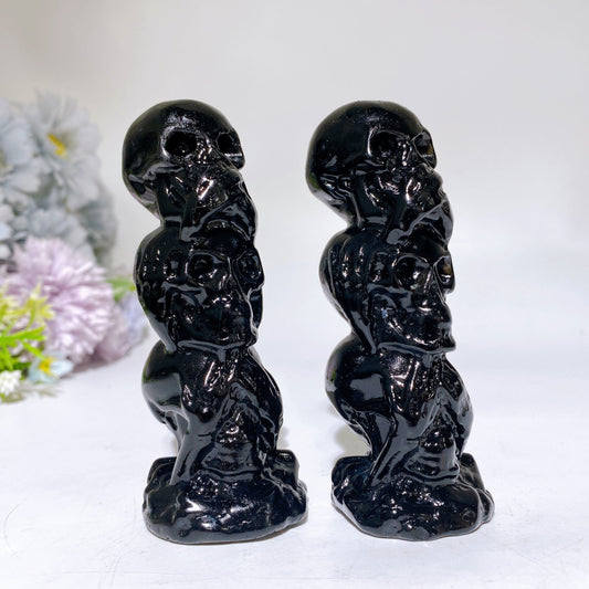 4.1" Black Obsidian Three-no Skulls Carving Crystal Healing Bulk Wholesale