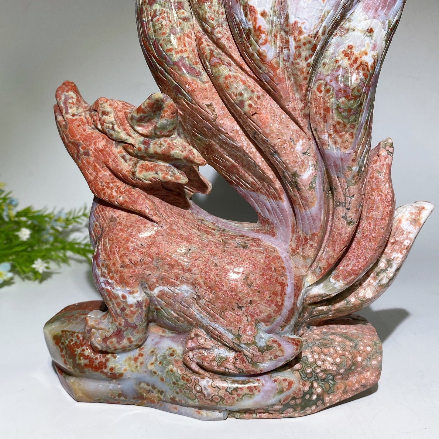 30cm Large Unique Ocean Jasper Nine-tails Fox Carving with Wooden Stand Crystal Healing Bulk Wholesale