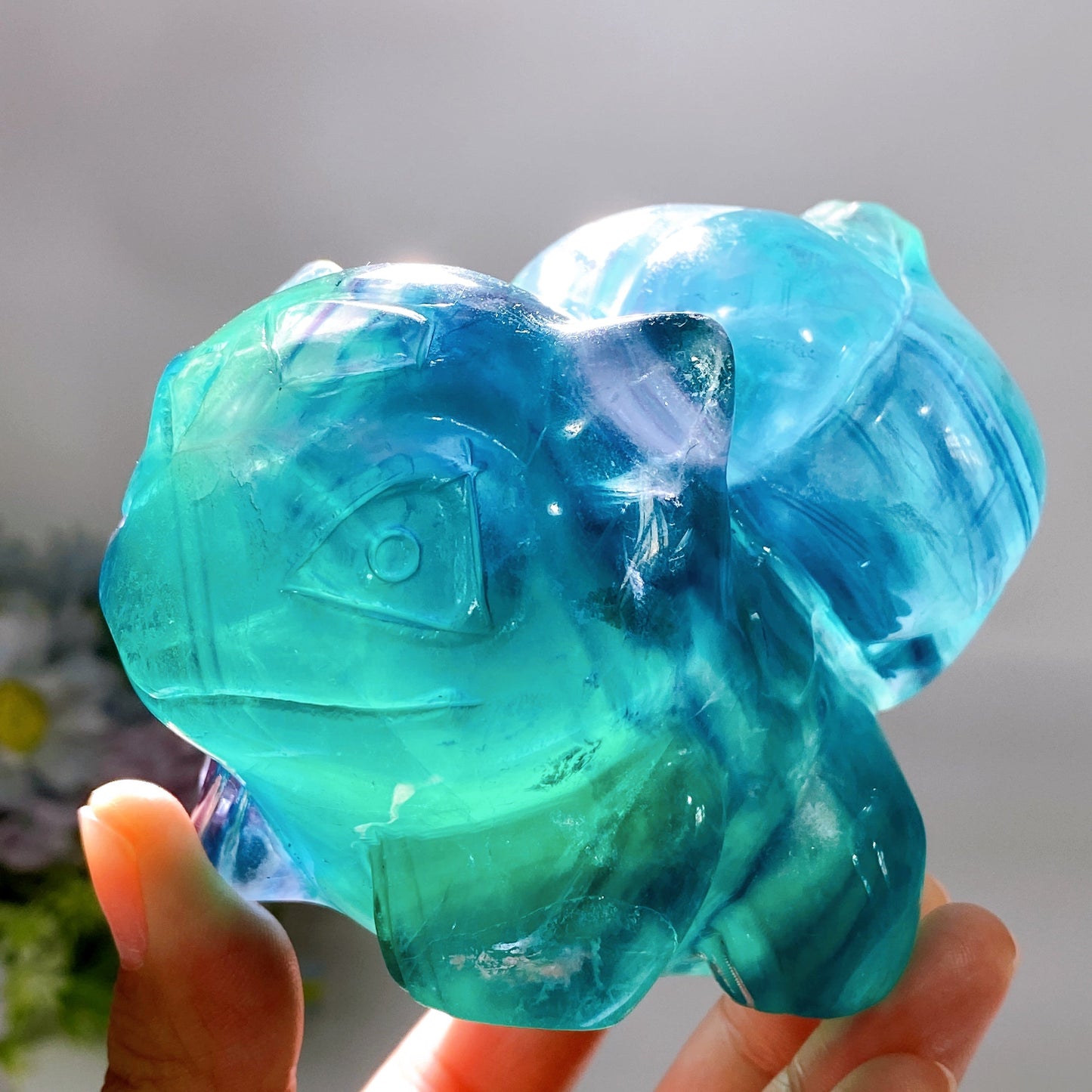 3.7" Rainbow Fluorite Bulbasaur Carving Crystal Healing Bulk Wholesale