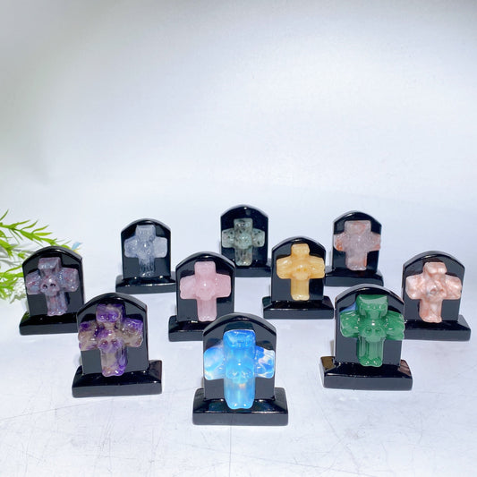 2.3" Black Obsidian Tombstone with Cross Skull Decor Carving Crystal Healing Bulk Wholesale
