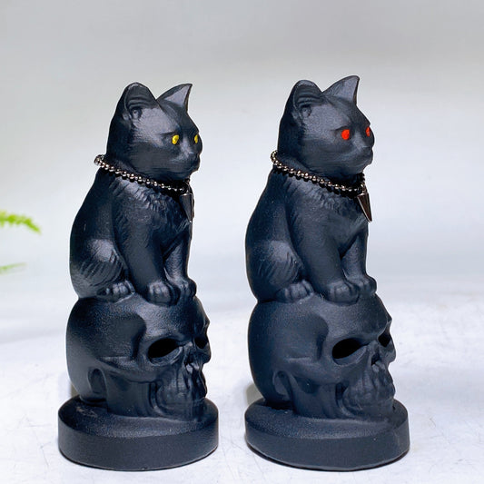 4.0" Black Obsidian Cat on Skull Carving Crystal Healing Bulk Wholesale