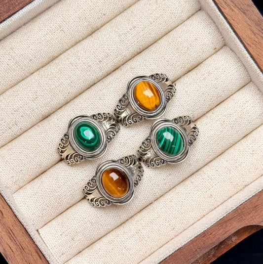 925 Silver Malachite Yellow Tiger's Eye Ring Crystal healing Bulk Wholesale