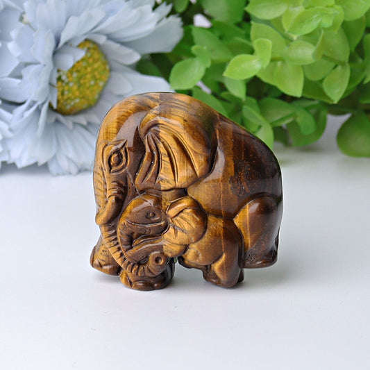 1.8" Yellow Tiger's Eye Elephant Baby & Mother Carvings Animal Bulk Best Crystal Wholesalers