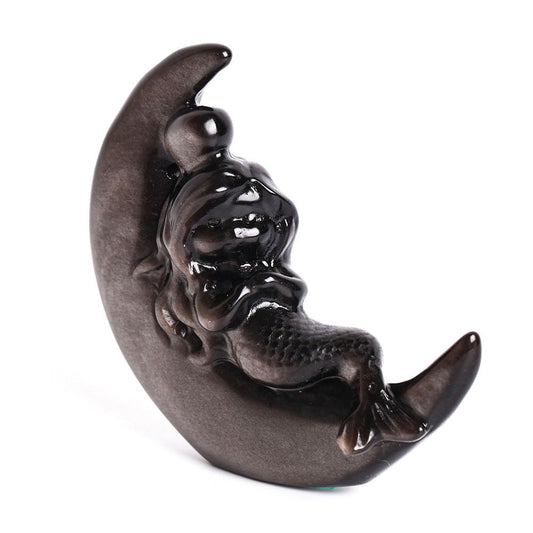 Silver Obsidian Moon with Mermaid Carving Decor Best Crystal Wholesalers