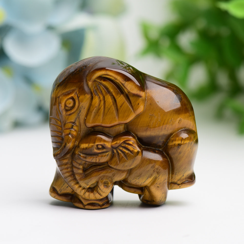 1.8" Tiger's Eye Mother&Baby Elephant Animal Crystal Carving Bulk Best Crystal Wholesalers