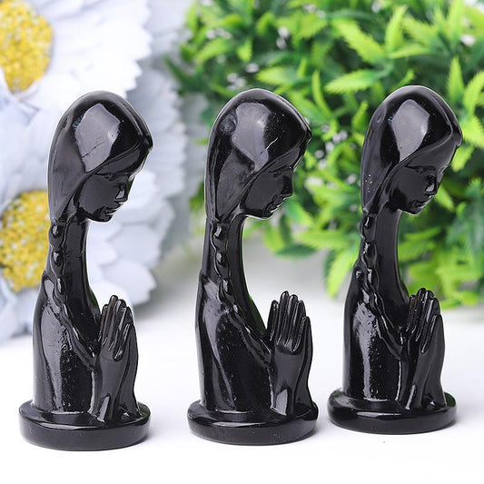 3" Black Obsidian Pray Woman Crystal Carvings Model Bulk Best Crystal Wholesalers