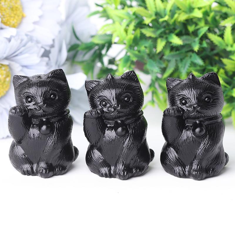 2" Black Obsidian Cute Cat Crystal Carvings for Halloween Animal Bulk Best Crystal Wholesalers