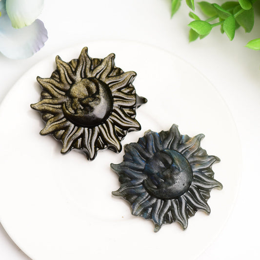 2.0" Labradorite Golden Obsidian Sun& Moon Face Crystal Carving Bulk Wholesale