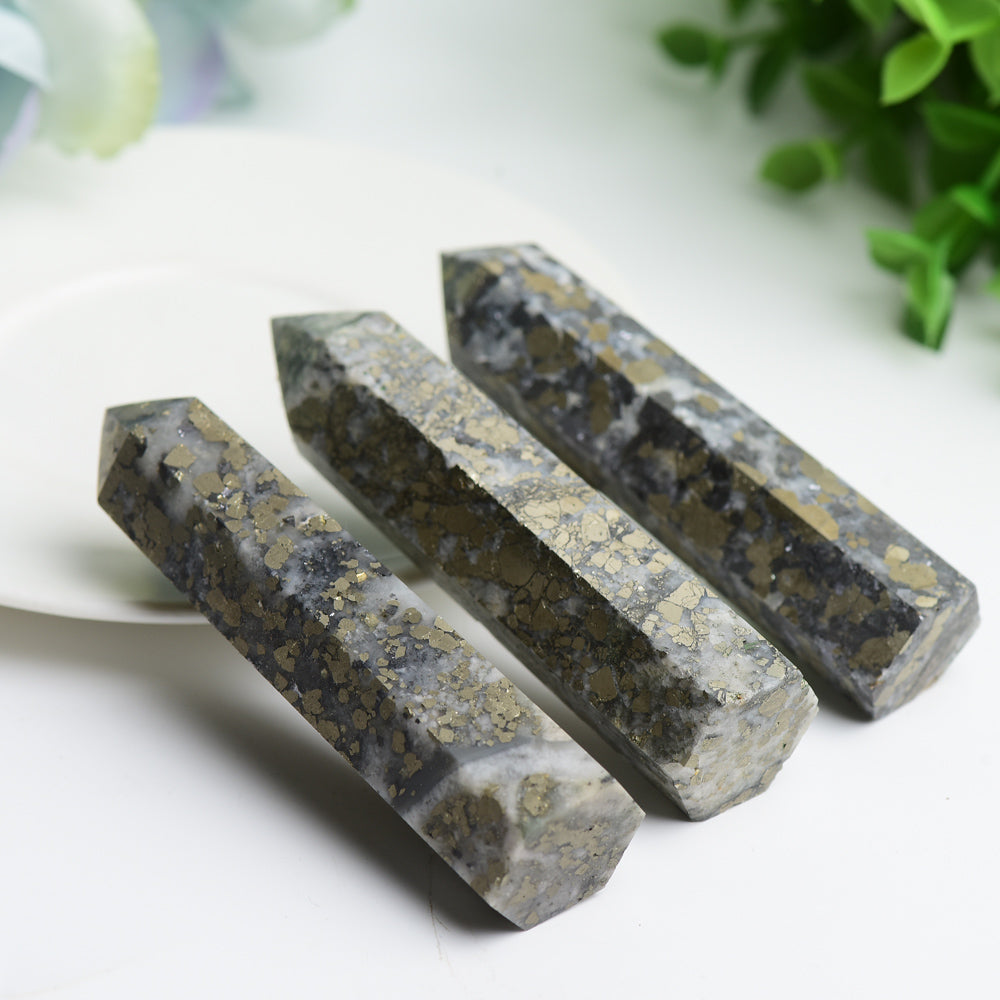 3.3"-4.0" Pyrite in Fluorite Crystal Points Bulk Wholesale