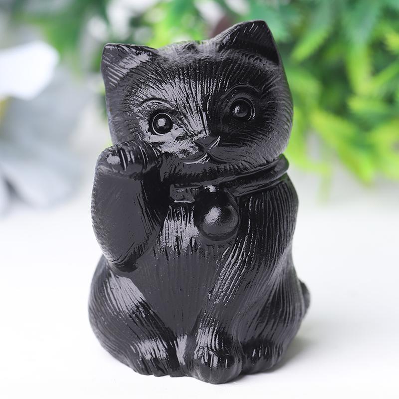 2" Black Obsidian Cute Cat Crystal Carvings for Halloween Animal Bulk Best Crystal Wholesalers