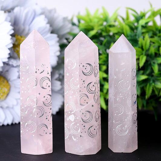 3.6" Rose Quartz with Moon Printing Crystal Towers Points Bulk Best Crystal Wholesalers