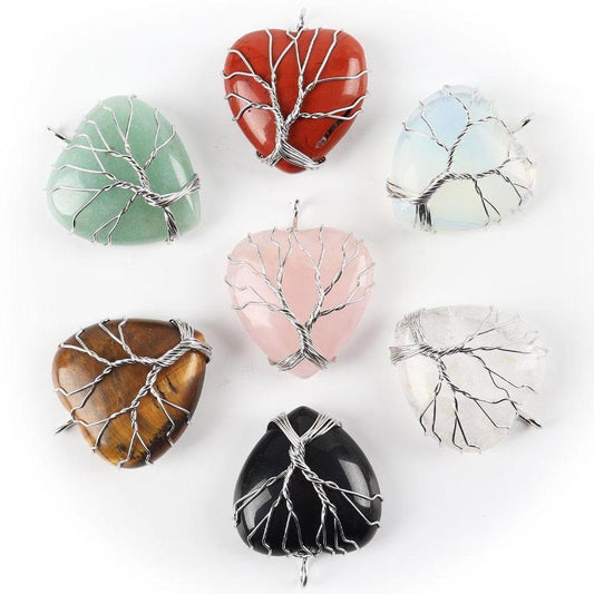 Silver Tree Of Life Wire Wrapped Heart Shape Stone Pendant Best Crystal Wholesalers