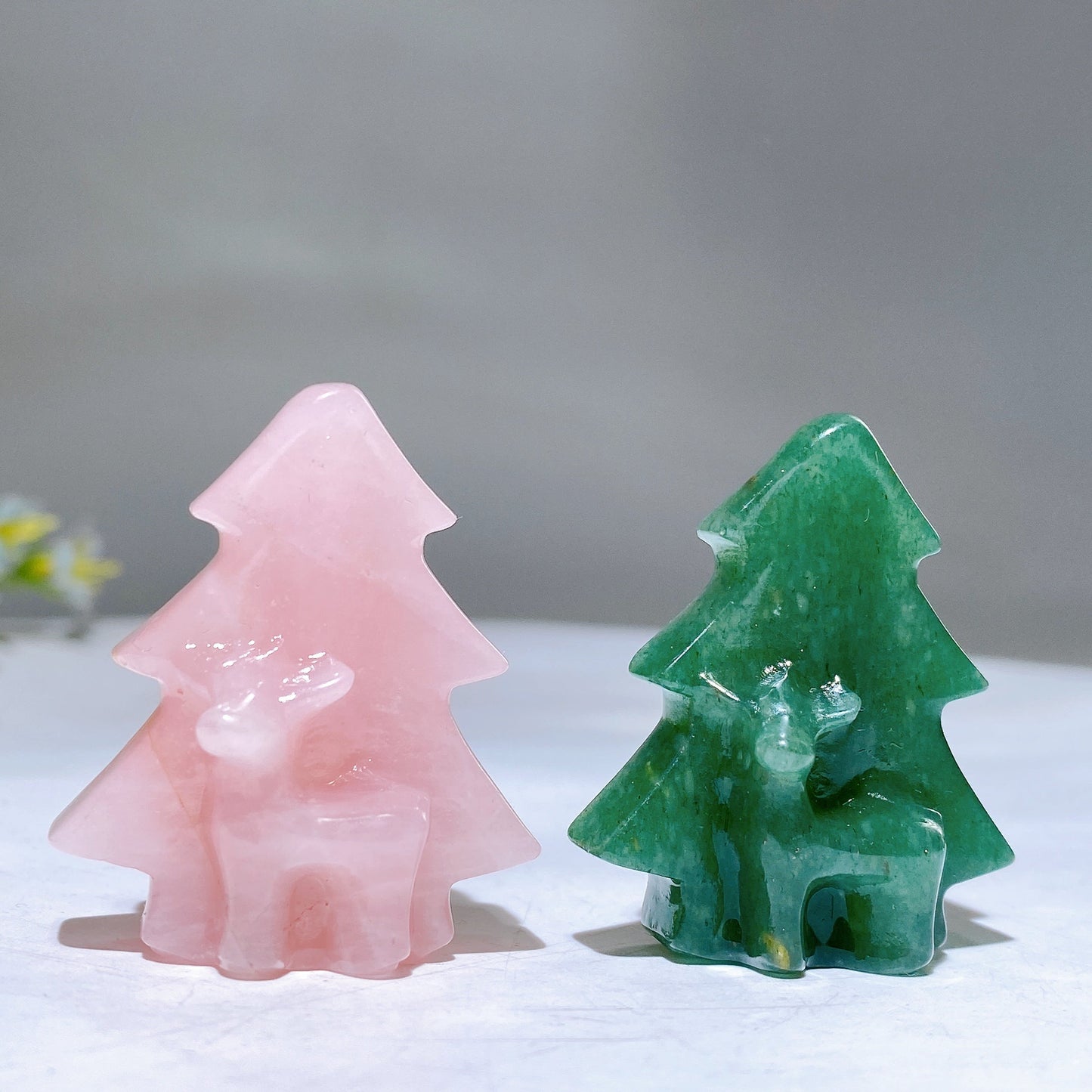 1.6" Rose Quartz Aventurine Christmas Tree with Deer Carving for Christmas Wholesale