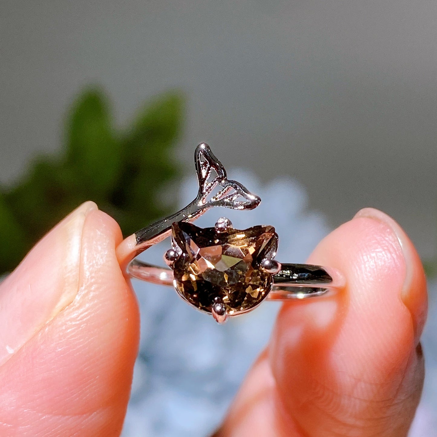 Cooper Silver Plated Smoky Quartz Cat Head Ring Crystal Healing Bulk Wholesale