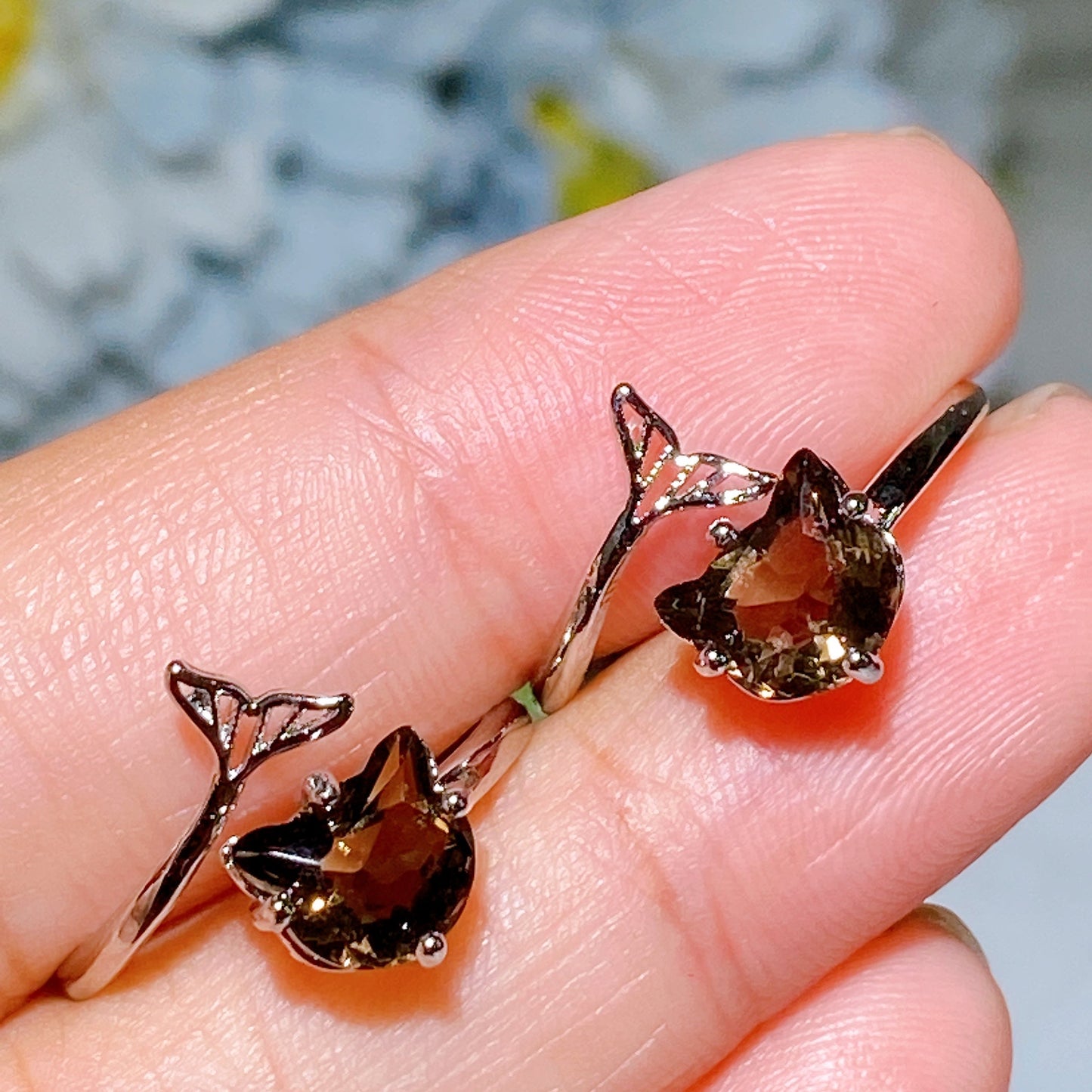 Cooper Silver Plated Smoky Quartz Cat Head Ring Crystal Healing Bulk Wholesale