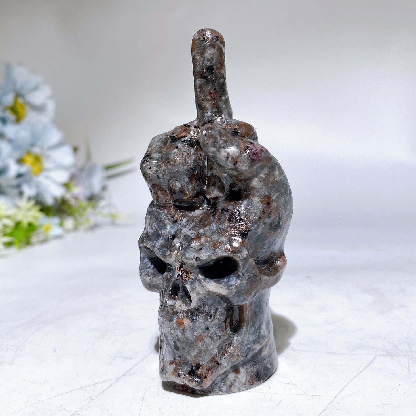 3.9" Crystal Middle Finger Gesture with Skull Carving Crystal Healing Bulk Wholesale