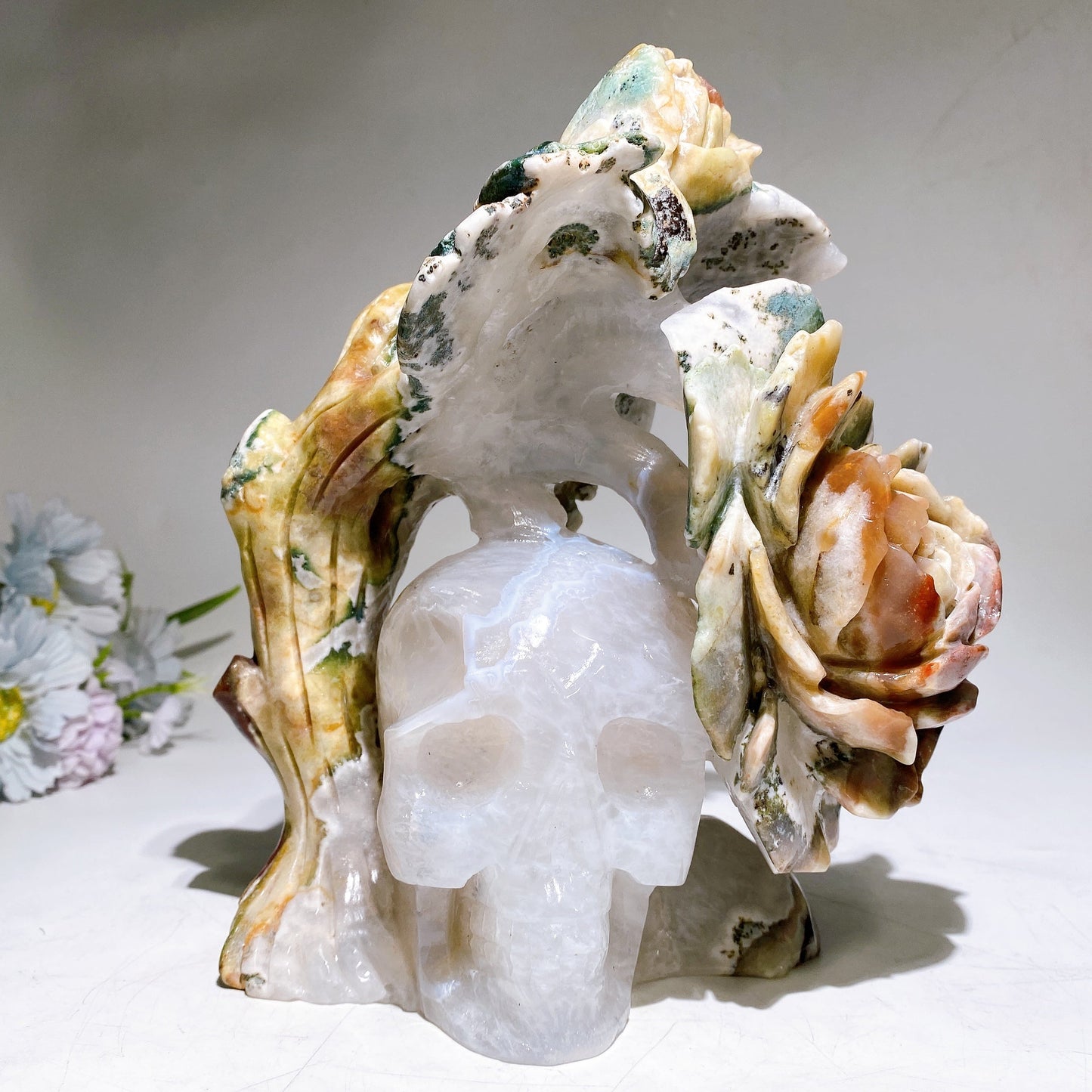 21cm Large Unique Agate Quartz Skull Grow with Ocean Jasper Peony Carving Crystal Healing Bulk Wholesale