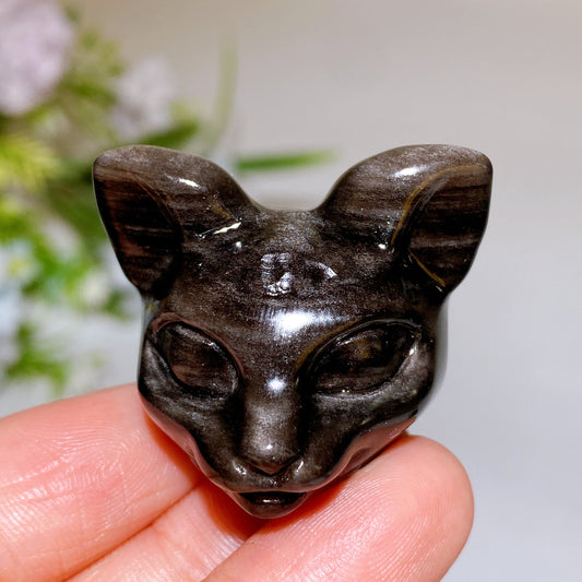1.4" Silver Obsidian Cat Head Carving Crystal Healing Bulk Wholesale