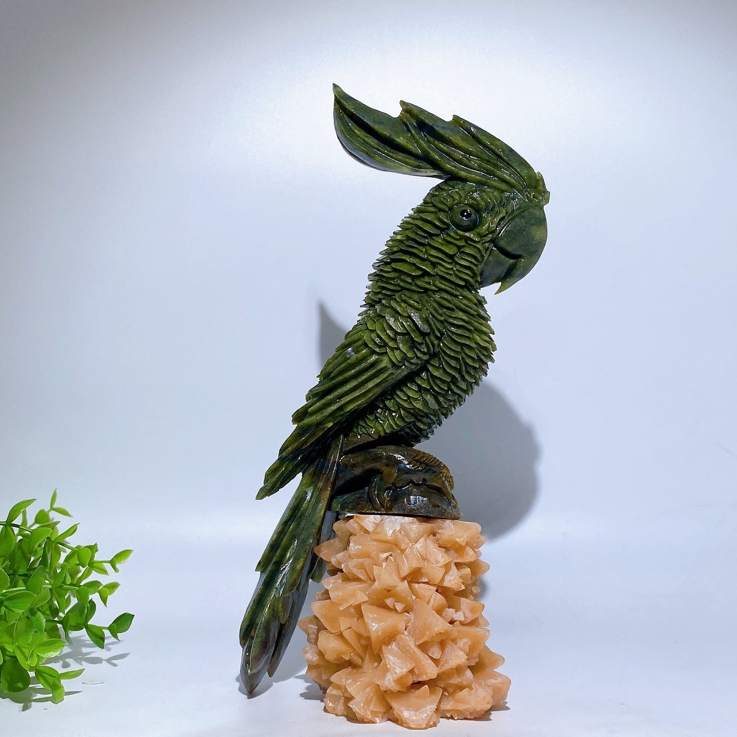 28cm Large Unique Serpentine Parrot Carving with Calcite Cluster Base Crystal Healing Bulk Wholesale
