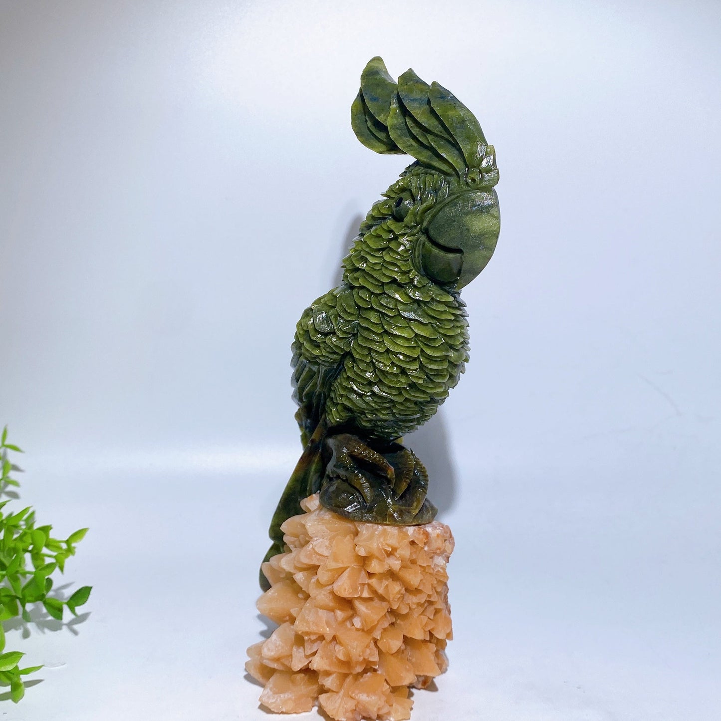 28cm Large Unique Serpentine Parrot Carving with Calcite Cluster Base Crystal Healing Bulk Wholesale