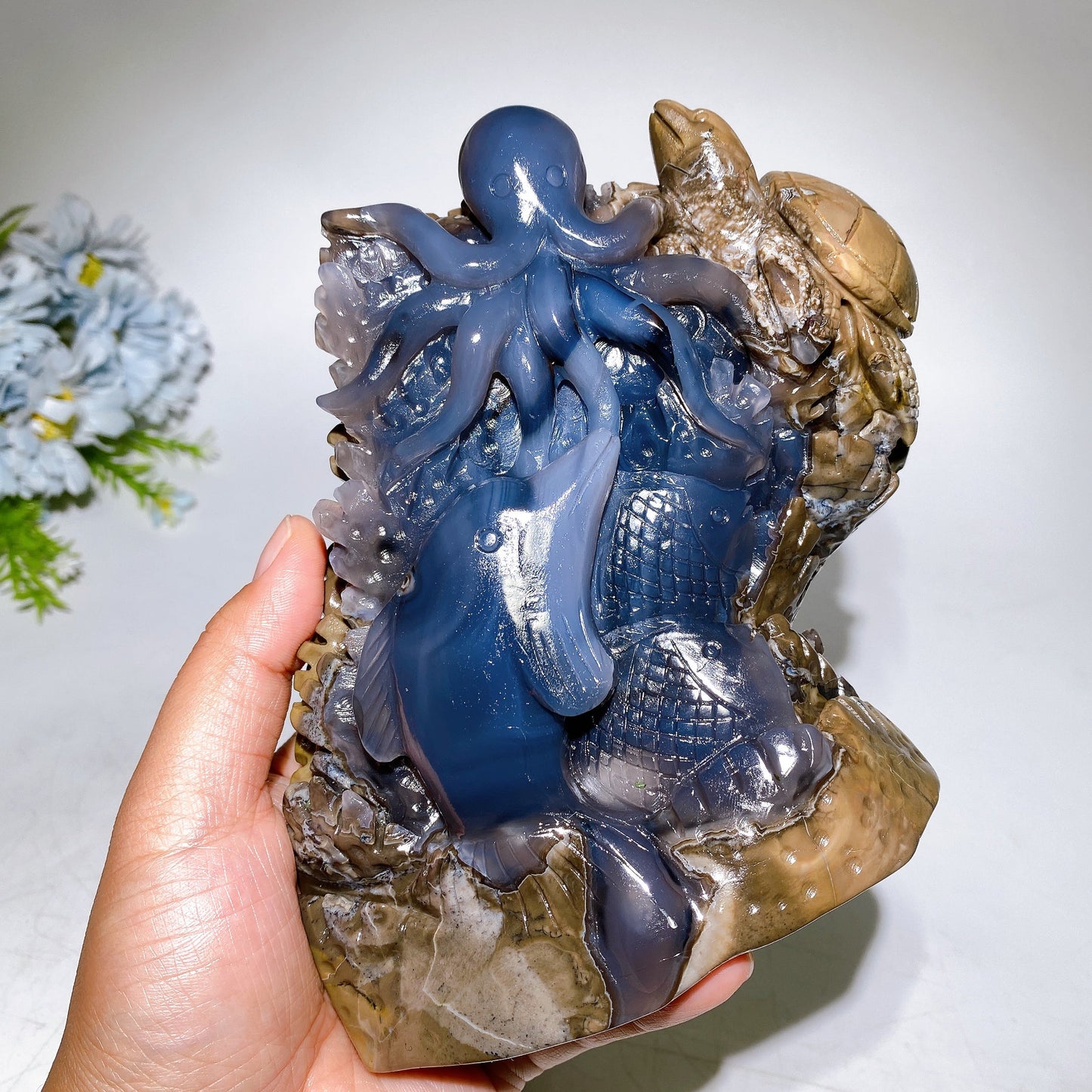 15.5cm Unique UV Reactive Volcanic Agate Ocean World Carving Crystal Healing Bulk Wholesale