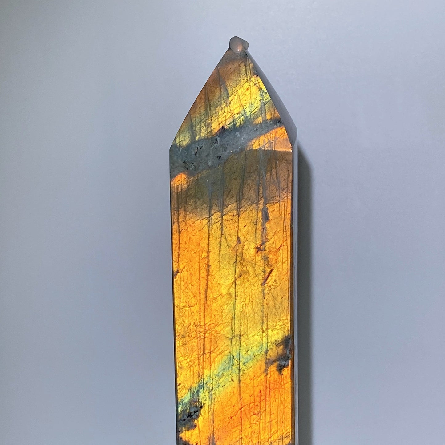 42cm Large Sunset Flash Labradorite Tower with Wooden Stand Crystal Healing