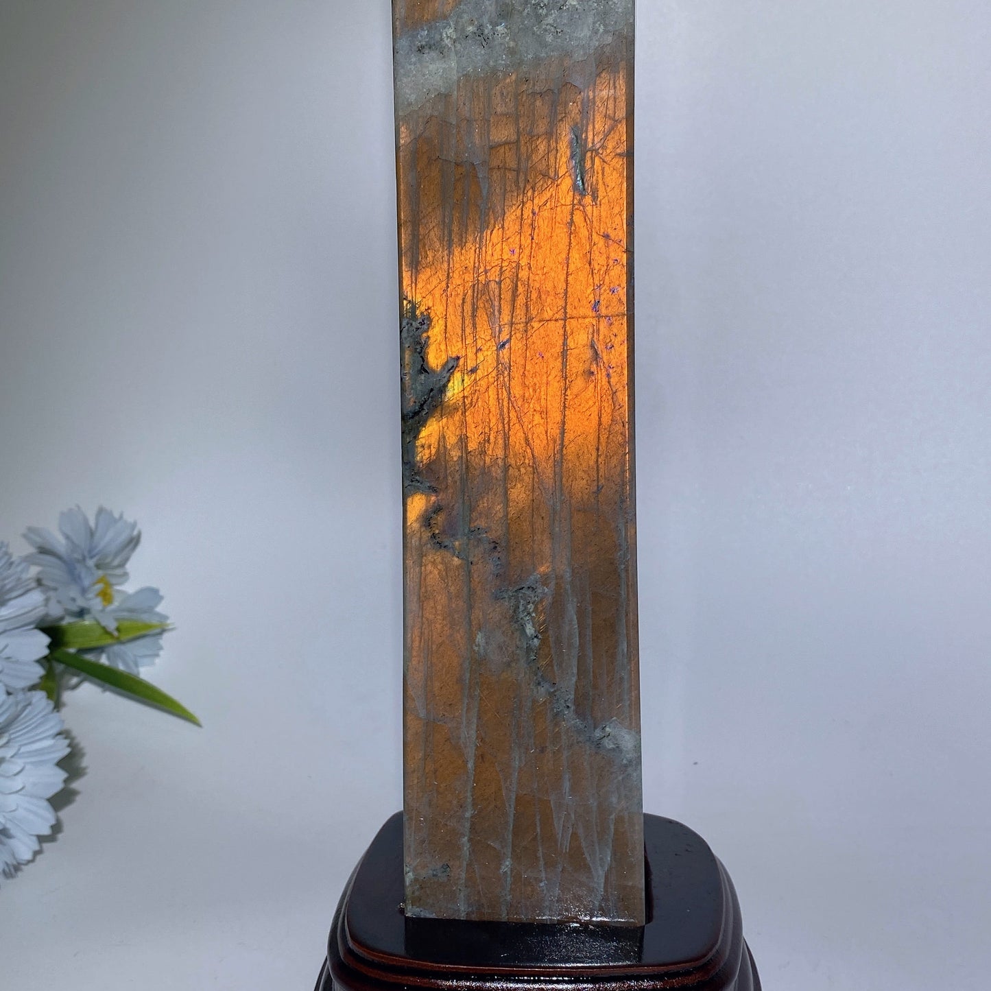 42cm Large Sunset Flash Labradorite Tower with Wooden Stand Crystal Healing