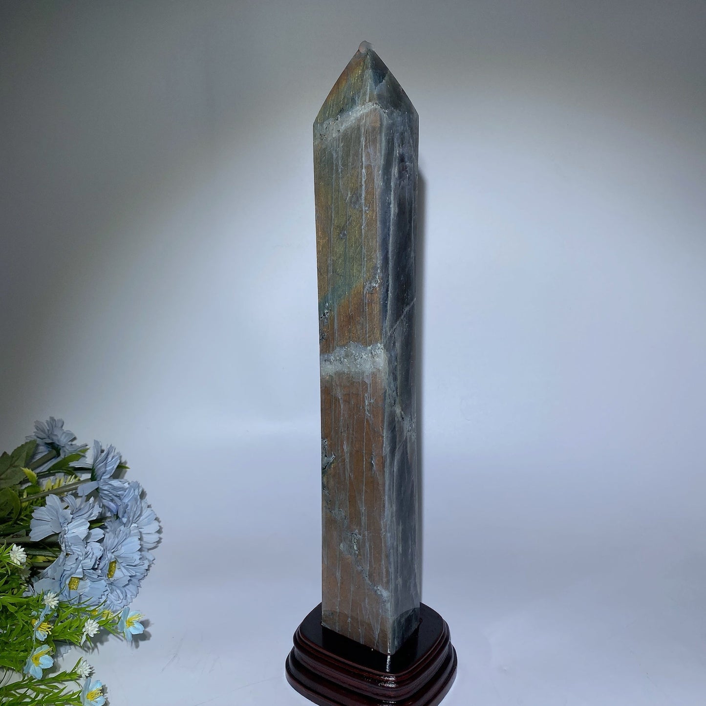 42cm Large Sunset Flash Labradorite Tower with Wooden Stand Crystal Healing